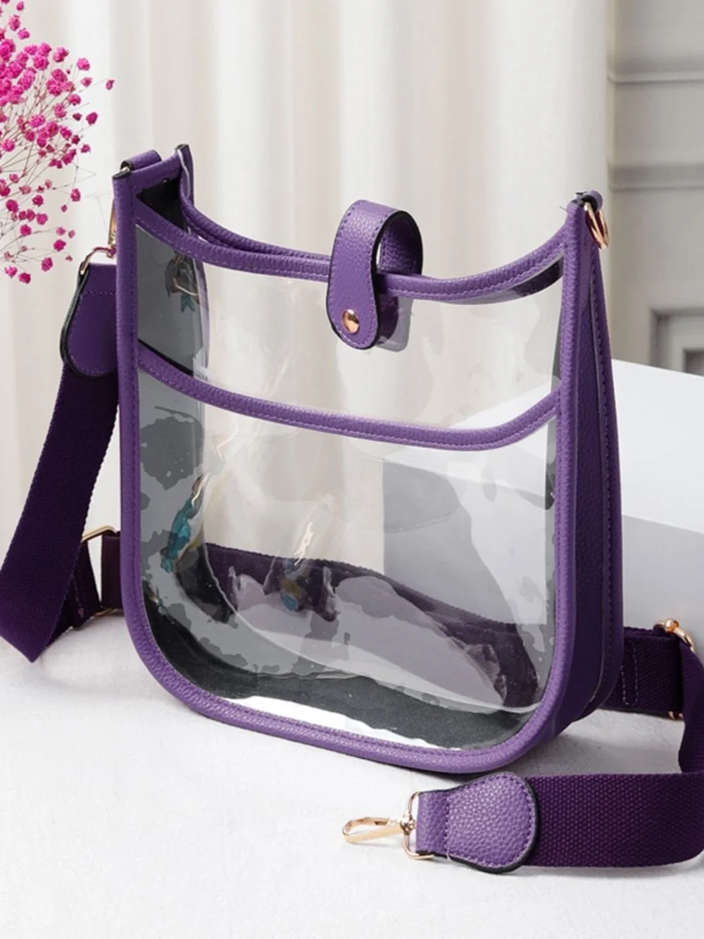 Purple Trim Transparent Clear Cross Body Bag Purse Casual Womens Accessory
